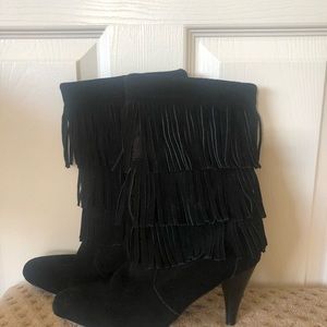 Chinese Laundry mid calf fringe black boot